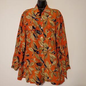 Vintage Jones Studio 100% Silk Tunic Blouse Art To Wear Floral Orange Mod SZL/XL
